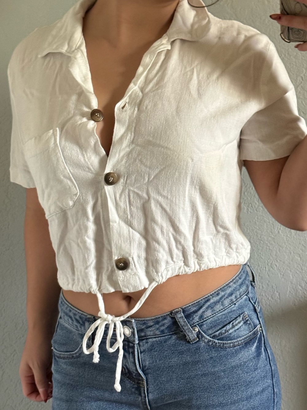 Moa Moa White Linen-Blend Cropped Button Up — Size S